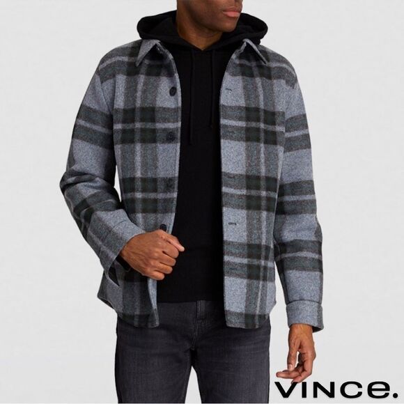 Vince **NWT** Heavy Knit Brushed Flannel Plaid Shirt Jacket in Heather Blue - Picture 1 of 16